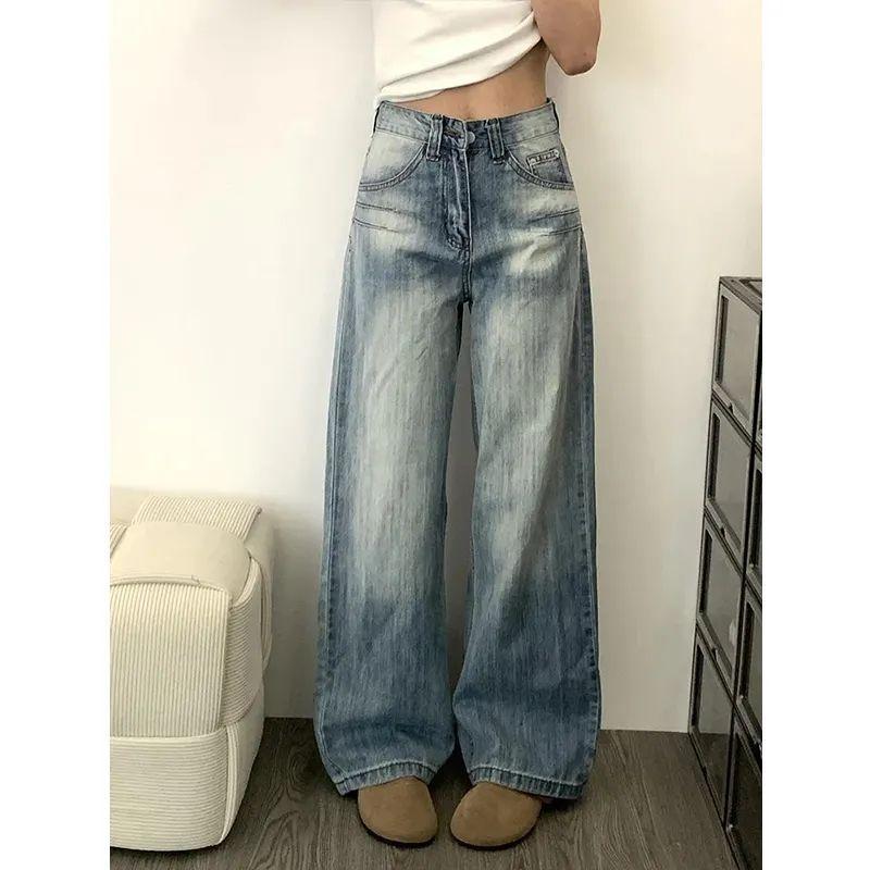 デニム レディース 春秋 直筒 ワイドレッグ ウォッシュ加工 ジーンズ ブルー ハイウエスト ゆったり ジーパン ズボン ボトムス かわいい カジュアル 通勤 綿 刺・墸