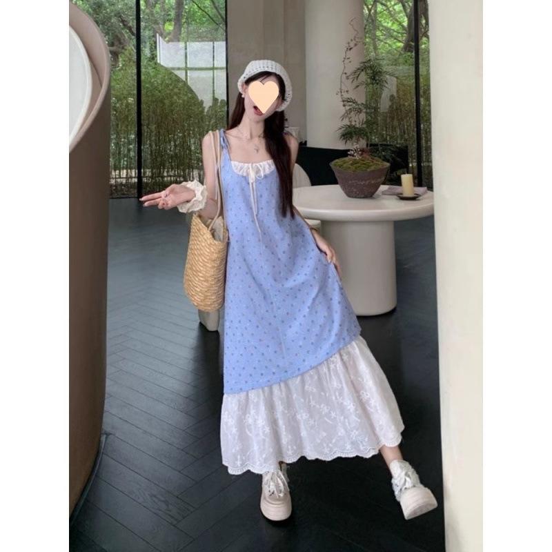 ワンピース レディース 切り替え 吊りスカート Aライン ロング マキシ丈 ブルー 10代 20代 ストリート カジュアル