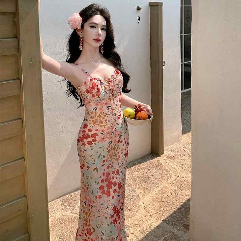 ワンピース レディース 植物柄 花柄 吊り下げ ミモレ丈 膝下丈 ノースリーブ リゾート 魚尾 マーメイド Aライン ゆったり 落ち感 ドレープ 体型カバー 旅行 海水浴 普段使い デート