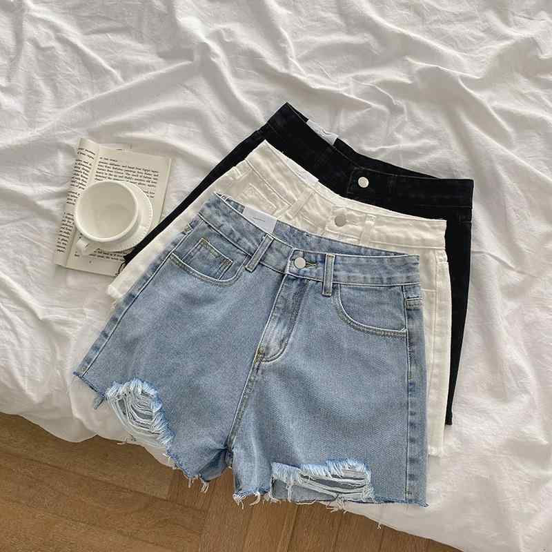 デニム レディース ショートパンツ 春夏 韓国風 ダメージ加工 ゆったり ハイウエスト Aライン ワイドレッグ ホットパンツ 白 黒 ジーパン ジーンズ