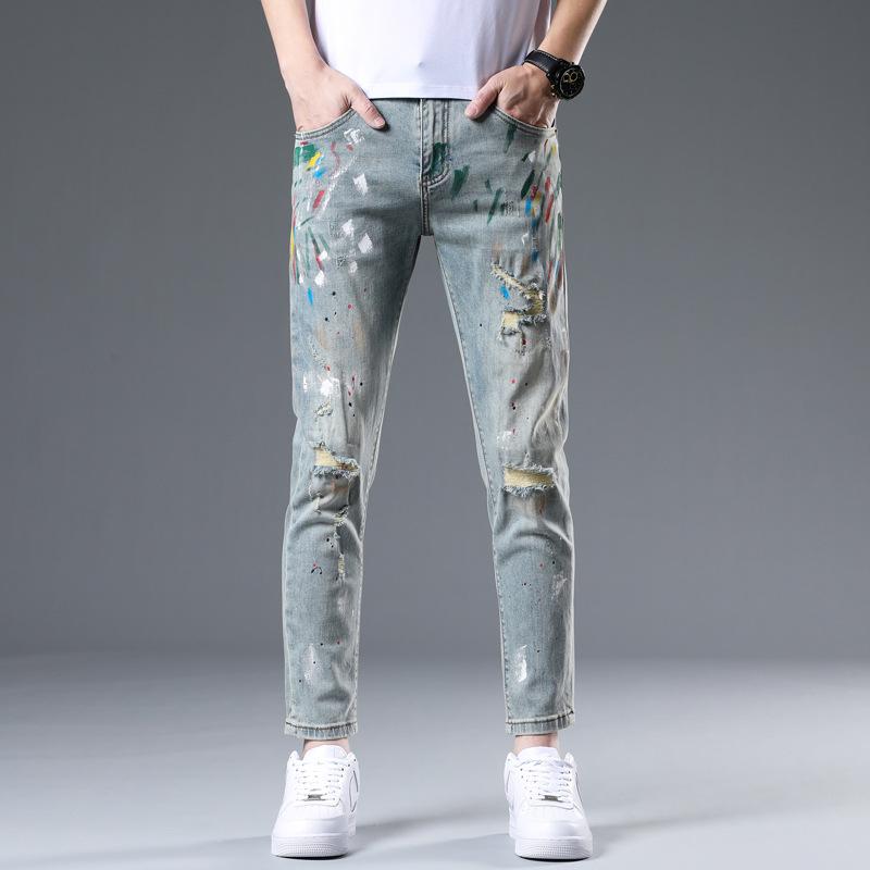 メンズ デニムパンツ ダメージ加工 スリムフィット テーパードパンツ 男性用 ジーンズ ロングパンツ ボトムス 春夏 薄手