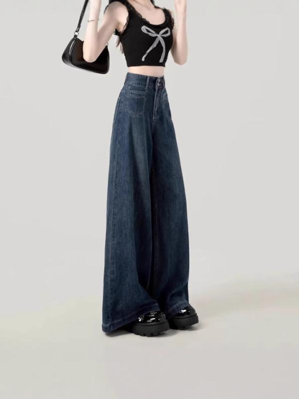 ジーンズ レディース 高腰 ワイドレッグ デニム ジーパン ストレート 厚手 ゆったり 暖か あったか 秋冬 ブルー
