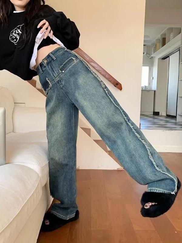 デニム レディース 韓国風 ハイウエスト ワイドレッグ ジーンズ パンツ ゆったり ストレート 美脚 脚長 ジーパン Gパン ポケット付き ブル― デニムパンツ カジュアル かわいい XS S M L XL 2XL