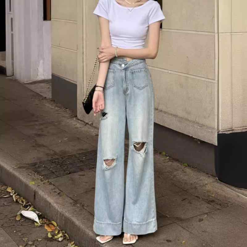 ジーンズ レディース ハイウエスト ワイドレッグ バギーパンツ ゆったり 体型カバー 美脚 デニム 長ズボン ジーパン 綿 コットン 通勤 オフィス カジュアル 春夏