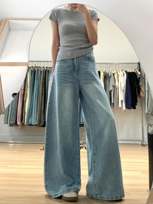 ジーンズ レディース 大きいサイズ ゆったり ワイドレッグパンツ デニムパンツ ジーパン 薄手 ハイウエスト ブルー 通勤 通学 着痩せ 美脚