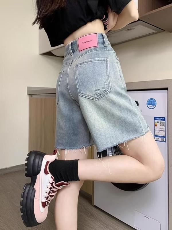 デニム レディース ハーフパンツ 短パン ゆったり 5分丈 ワイド レッグ ハイウエスト ライトブルー カジュアル 韓国風 春夏