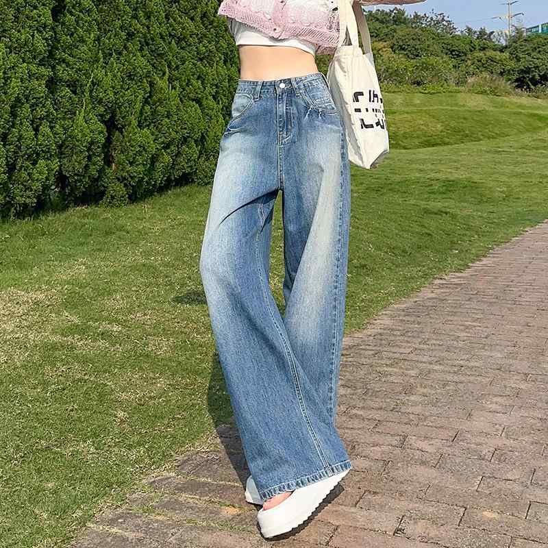 ジーンズ レディース デニム ワイド 高見え ハイウエスト ゆったり ストレート 接触冷感 涼しい 伸縮性 9分丈 フルレングス ジーパン 春夏