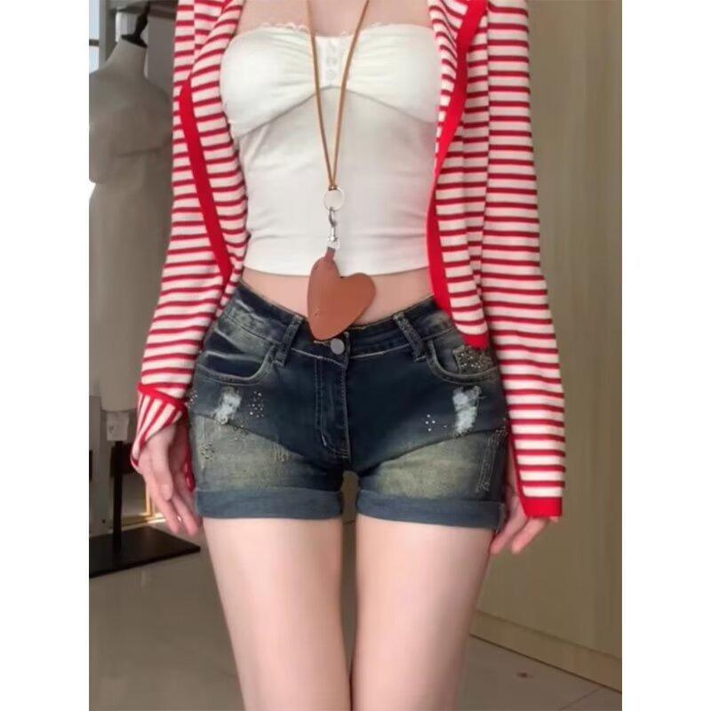 ジーンズ レディース ハイウエスト ワイドレッグ デニム ショートパンツ ブルー ジーパン ホットパンツ ゆったり 美脚 脚長 伸縮性 ストリート カジュアル スタイル 普段使い