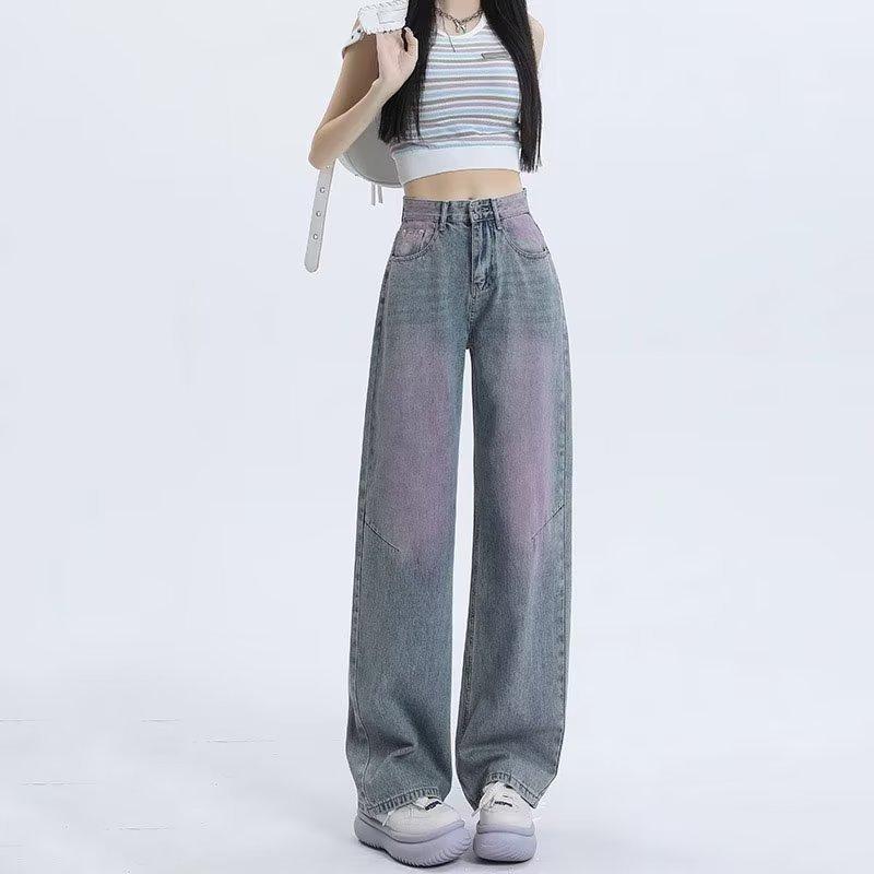 デニム レディース パンツ 韓国風 カジュアル ゆったり ハイウエスト ズボン ワイドレッグパンツ ストレートパンツ ピンク系 グリーン 綿 混紡 伸縮性