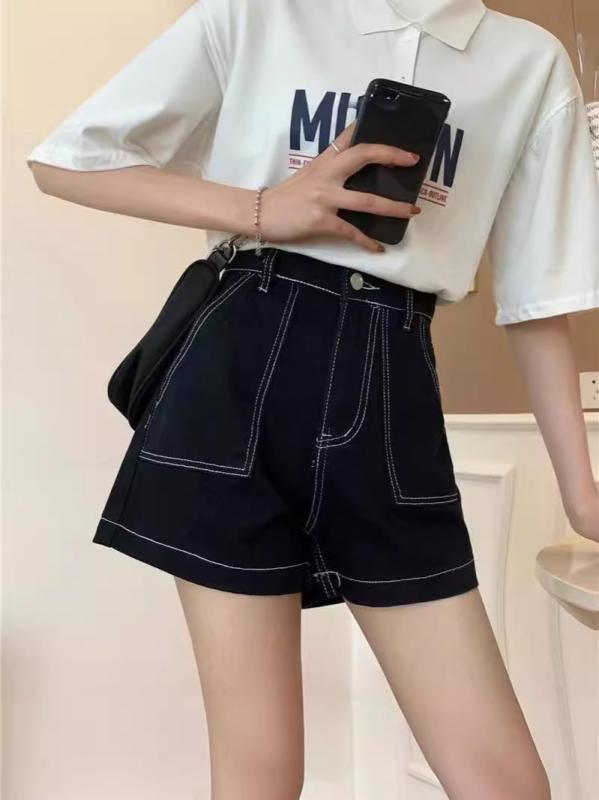 デニム レディース ハイウエスト ショートパンツ ブラック コットン ゆったり Aライン 短パン ジーンズ ジーパン ホットパンツ 春夏 ストリート カジュアル