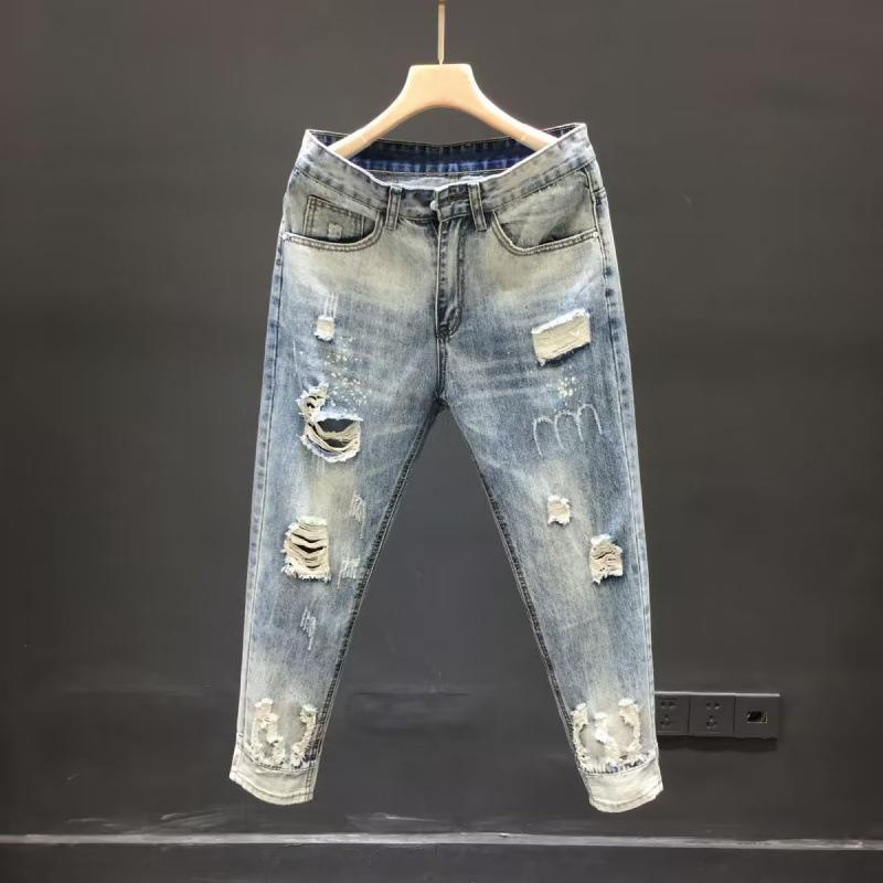 ジーンズ メンズ ダメージ加工 9分丈 スリム ストレート デニムパンツ ウォッシュ加工 ブルー