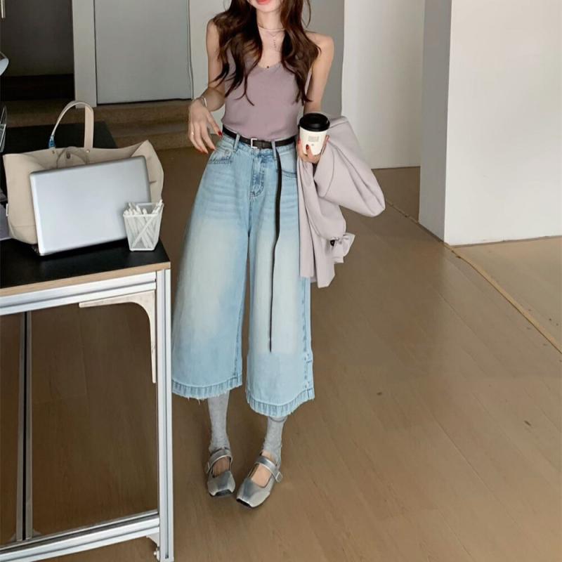デニム レディース 高腰 ワイドレッグ ジーンズ 春夏 韓国風 ゆったり ファッション バギーパンツ 七分丈パンツ 綿混紡 ポケット付き 通勤 快適 伸縮性 ブルー｜イーマイショップ