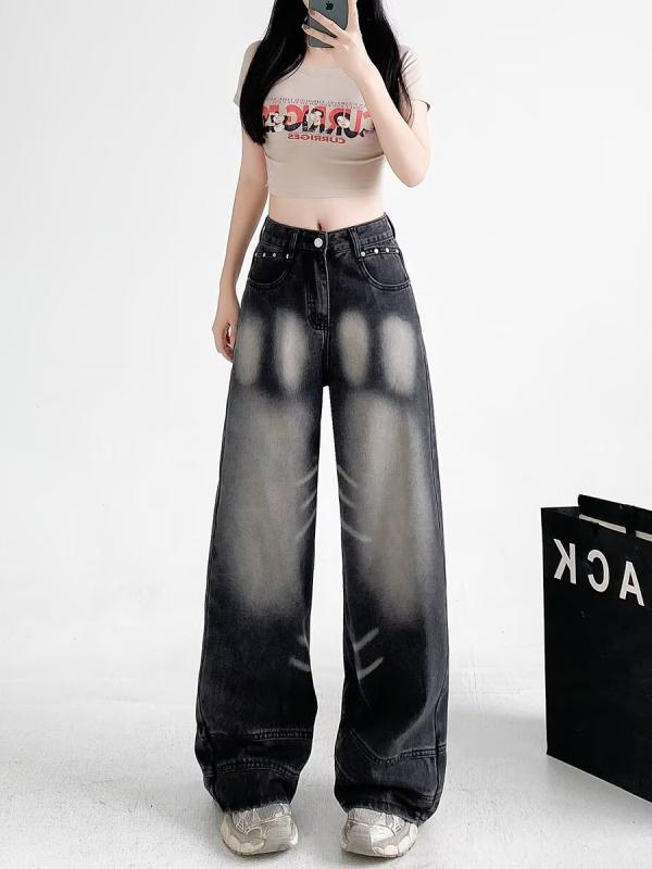 デニム レディース 高身長 ワイドパンツ ジーンズ ジーパン Gパン ハイウエスト 着痩せ 美脚 体型カバー ゆったり ストレート 韓国 ファッション 黒 ブラック ブルー