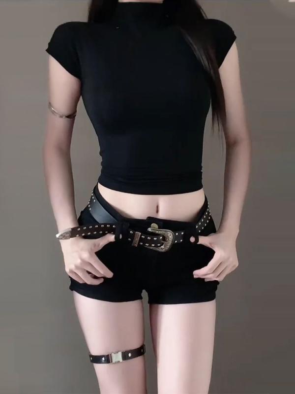 デニム レディース ホットパンツ ローライズ ショートパンツ ストレッチ ブラック 無地 伸縮性 スリム タイト 美脚 シンプル カジュアル ストリート 普段使い
