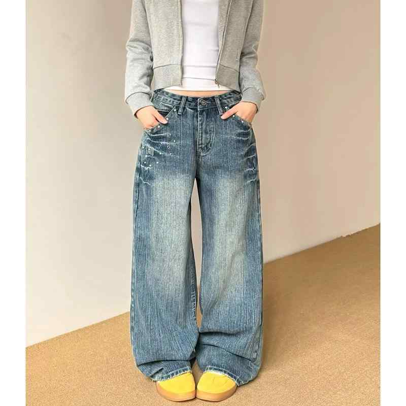デニム レディース ローライズ ジーパン ジーンズ ワイドレッグ ストレートパンツ ブルー ポリエステル ゆったり 私服名媛 スタイル