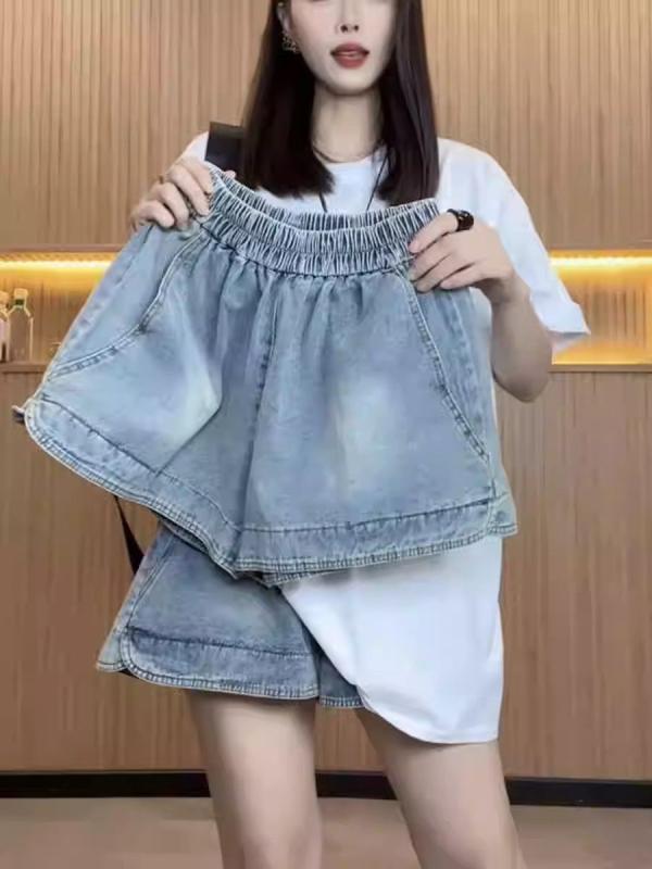デニム レディース ショートパンツ 大きいサイズ ハイウエスト Aライン ゆったり 短パン ジーパン 通勤 普段使い 美脚