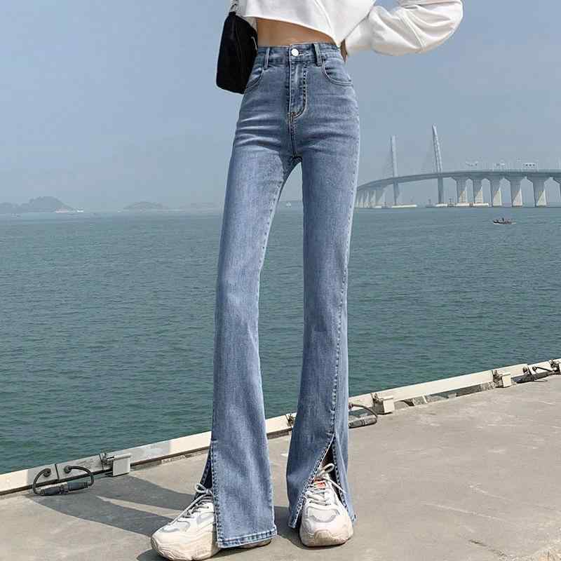 デニム レディース 高弾力 喇叭パンツ 脚長 美脚 ジーンズ スリット ウォッシュ加工 ブラック 黒 浅ブルー 春夏 秋冬 大喇叭型 ハイウエスト 通勤 オフィス カジュアル