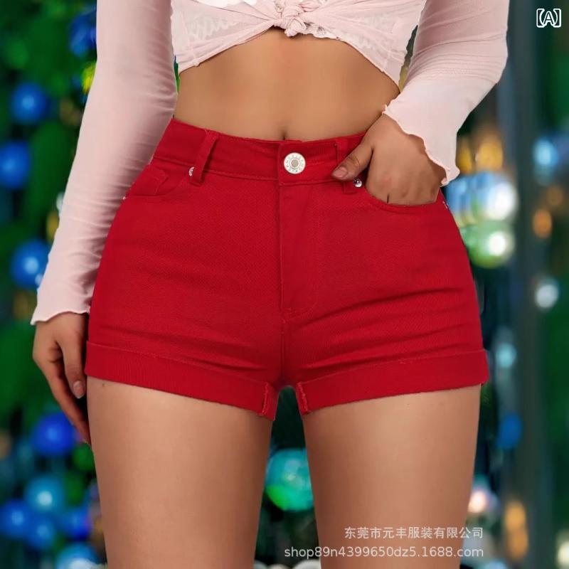 デニム レディース 大きいサイズ ショートパンツ レッド Y2K スタイル 高身長 高見え スリムフィット 伸縮性 ストリート カジュアル