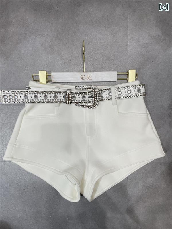 ショートパンツ レディース 白色 ローライズ Y2K カジュアル 美脚 脚長 ホットパンツ ベルト付き ポリエステル スパンデックス 混紡