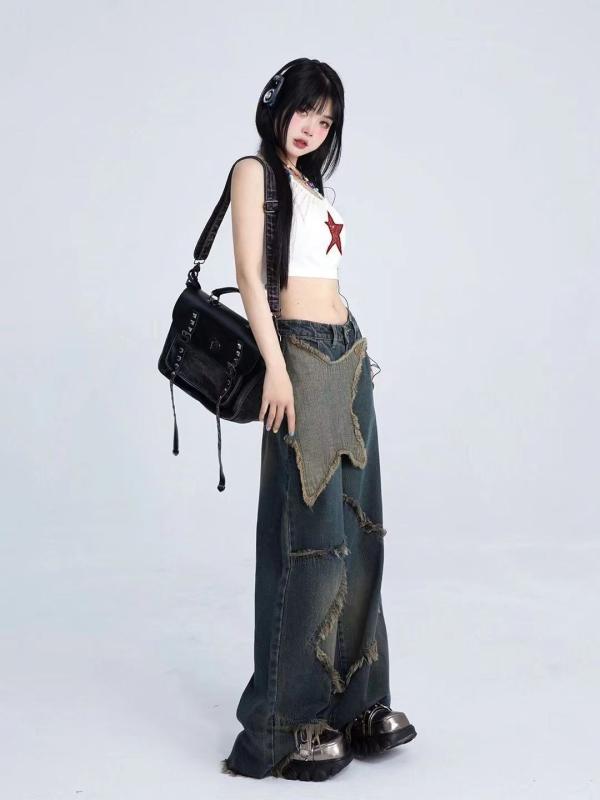 デニム レディース ジーンズ ワイドレッグ 星柄 ダメージ加工 ストレートパンツ Y2K 韓国ファッション ジーパン ボトムス 普段使い かわいい 伸縮性