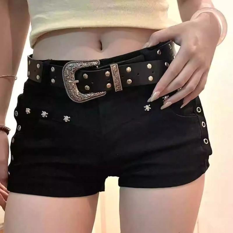 デニム レディース ホットパンツ ローライズ ショートパンツ 黒 鋲 スタッズ デザイン スリム 美脚 大喇叭型 直筒パンツ 春夏