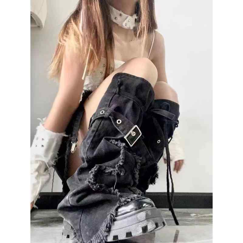 靴下 レディース Y2K デニム レッグウォーマー 美脚 クロスデザイン ルーズソックス ギャル 伸縮性 かわいい 普段使い 着痩せ 高品質 黒
