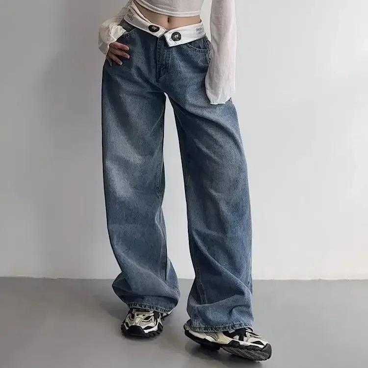 デニム レディース 美脚 ワイドパンツ ハイウエスト ジーンズ ジーパン ストレート ゆったり ズボン contact 冷感 伸縮性 ウォッシュ加工 ブルー