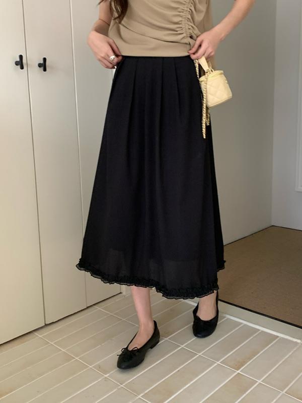 スカート レディース Aライン ミモレ丈 配色 韓国風 カジュアル 膝下丈 キュート きれいめ クリーム杏 クラシックブラック 暁ブルー