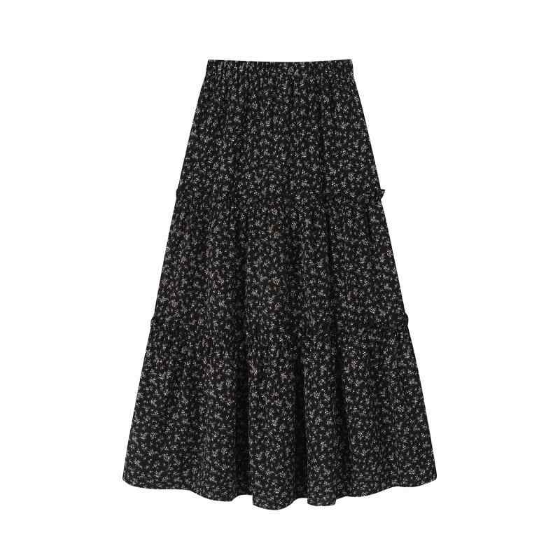 スカート レディース Aライン フラワープリント ミモレ丈 ギャザー ウエストゴム 切り替え ブラック S M L XL 通勤 普段使い 2025春夏