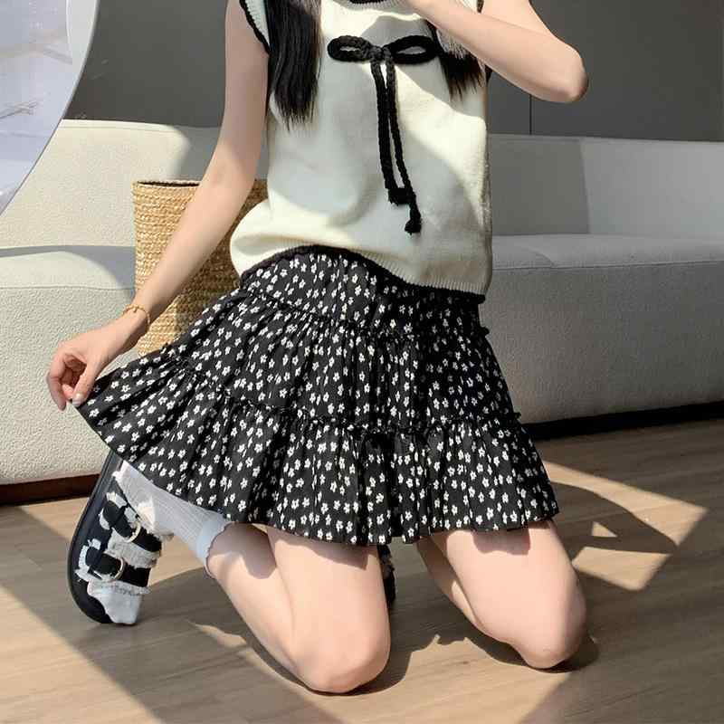 スカート レディース 田園風 ブラック 小花柄 ティアード フリル ハイウエスト Aライン ミニスカート ポリエステル 普段使い デート