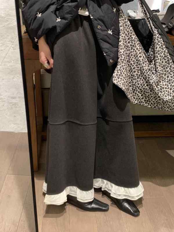 スカート レディース 秋冬 Aライン 高腰 学院風 配色 フリル 厚手 ウール ポリエステル ミドル丈 ロング丈 コーヒー色 ダークグレー きれいめ かわいい