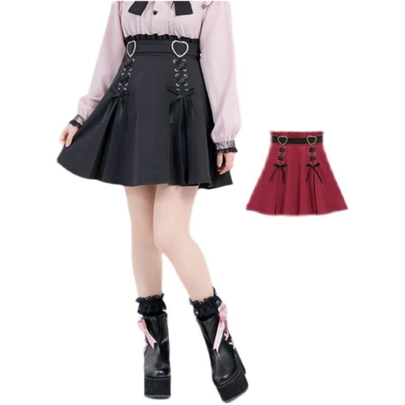 スカート レディース Aラインスカート 短め丈 ポリエステル 蝶結び フリル かわいい ガーリー フェミニン スタイル 着痩せ 美脚効果 お洒落 おでかけ デート 春夏 ブラック ワインレッド