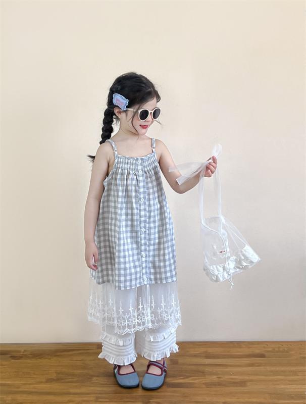 子供服 ワンピース 女の子 夏 韓国風 グレー 格子柄 レース フリル ノースリーブ プリンセス 90 100 110 120 130 140