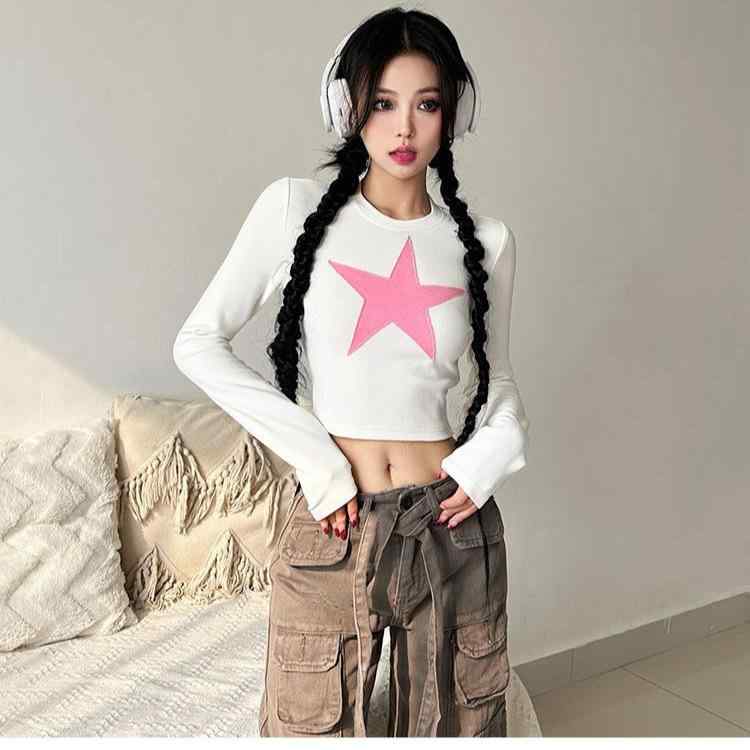Tシャツ レディース 長袖 スターパッチ 切り替え ストリートファッション へそ出し トップス ポリエステル プリント ラウンドネック スリムフィット ホワイト