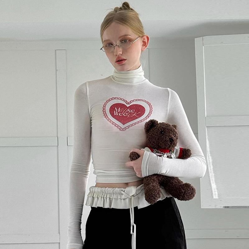 Tシャツ レディース Y2K ハート柄 プリント 配色 ハイネック 長袖 スリム トップス ポリエステル 文学 レトロ かわいい 花柄