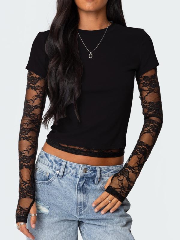 Tシャツ レディース レース 切り替え 長袖 ラウンドネック ポリエステル 修身 伸縮性 ストリート 普段使い ブラック カーキ ワインレッド キャメル