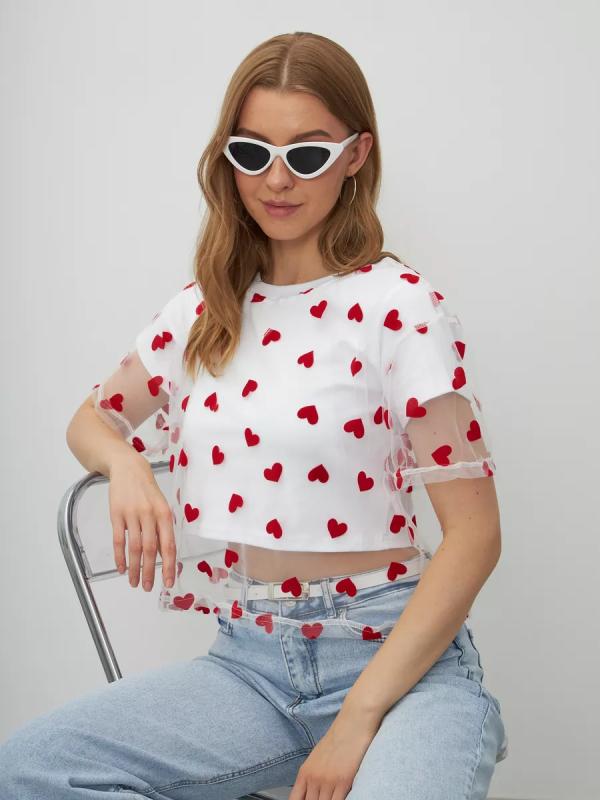 Tシャツ レディース 春夏 半袖 ハート柄 切り替え 配色 Y2K へそ出し ショート丈 トップス 綿 ポリエステル 普段使い 部屋着 かわいい ストリート 4,258円