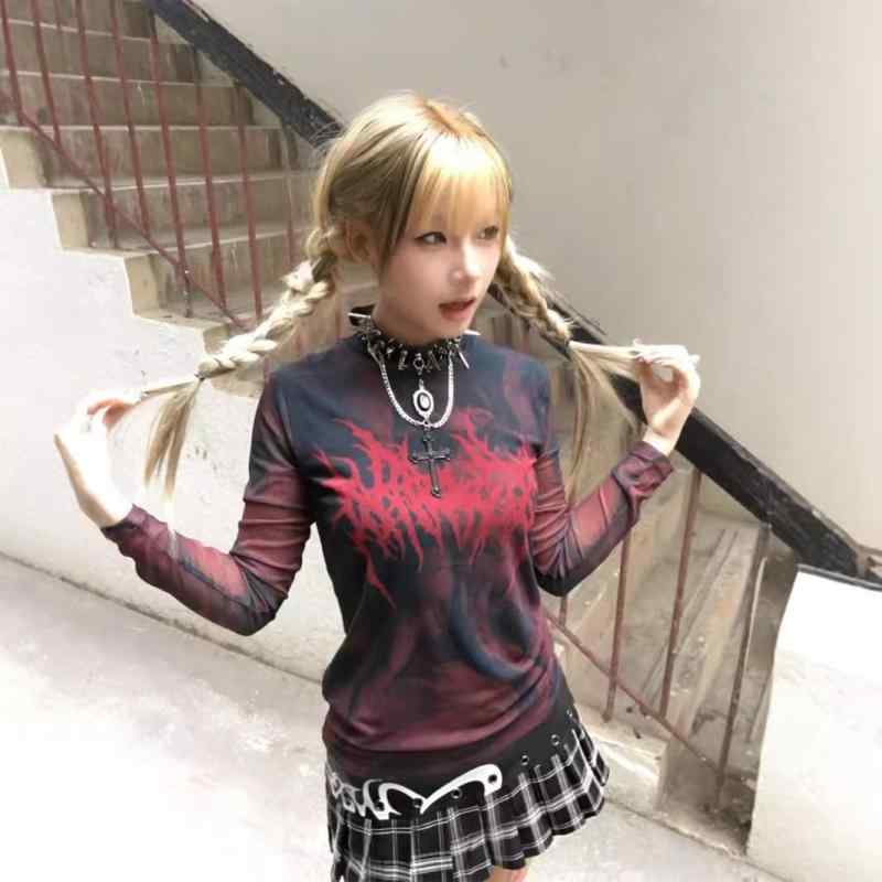 Tシャツ レディース 赤色プリント シースルー メッシュ 長袖 トップス スリムフィット 3D ポリエステル 伸縮性 接触冷感 フェミニン セクシー 普段使い
