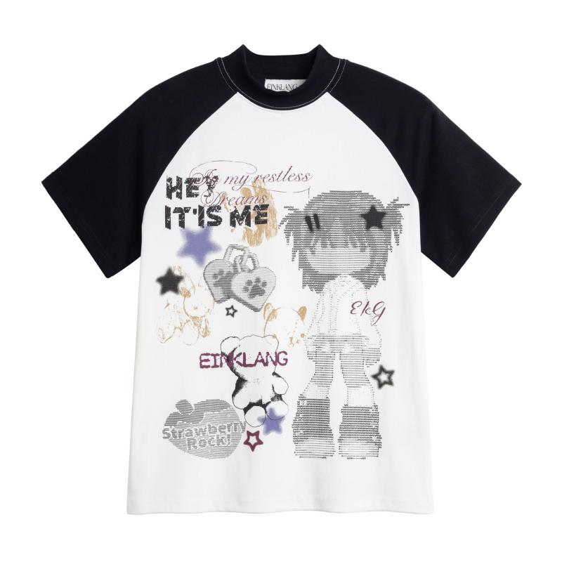Tシャツ レディース 半袖 アメカジ レトロ カートゥーン 切り替え ゆったり スリム コットン トップス 白 黒