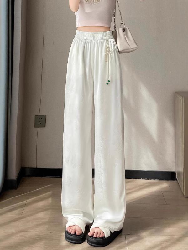 パンツ レディース 新中国スタイル 提花 緞面 接触冷感 ワイドレッグパンツ カジュアルパンツ 高腰 薄手 ブラック ピンク系 アイボリー 文芸復古 チャイナ風 春夏