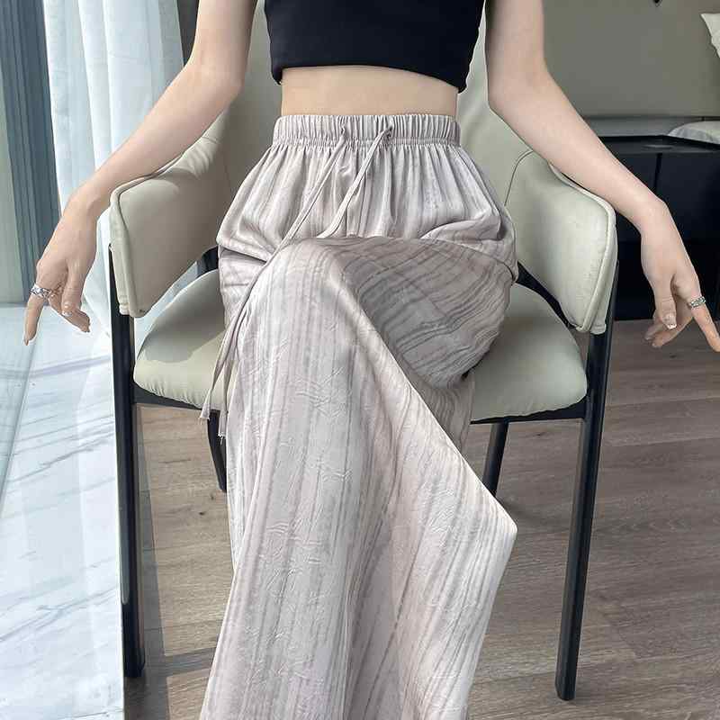 パンツ レディース 水墨画プリント ワイドレッグパンツ 高見え アクリル ゆったり ズボン ボトムス 通勤着 部屋着 S M L XL 2XL 黒 ブラック ベージュ 金色 ゴールド 接触冷感 春夏