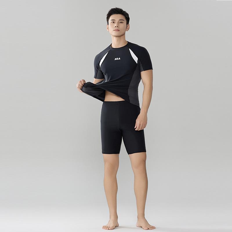 水着 男性用 長袖 5分丈パンツ 3点セット ラッシュガード 体型カバー 日焼け防止 温泉 海水浴 黒色 L XL 2XL 3XL 4XL 5XL 6XL 7XL 大きめサイズ
