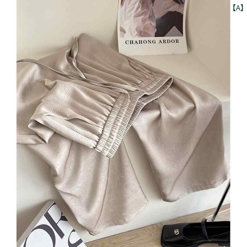 パンツ レディース 高見え ワイドパンツ ポリエステル 高腰 接触冷感 ストレートパンツ ゆったり リラックス シャンパンゴールド ブロンズ 朱色 ブラック
