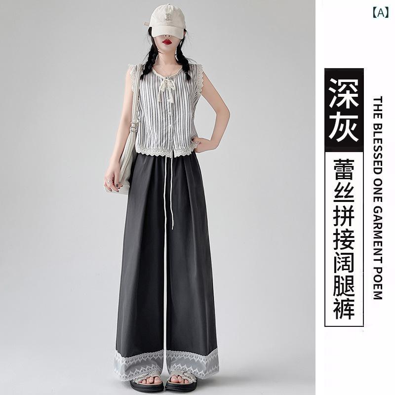 パンツ レディース レース ワイドレッグパンツ 春夏 高見え 接触冷感 伸縮性 ゆったり 直筒 ウエストゴム 普段使い お洒落 スタイルアップ かわいい ピンク系
