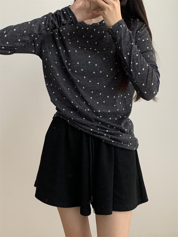 Tシャツ レディース 長袖 薄手 波点 ドット柄 トップス カットソー プルオーバー ラウンドネック 紫外線対策 冷房対策 接触冷感 伸縮性 ストレッチ やわらか