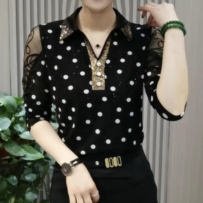 Tシャツ レディース 長袖 春物 水玉模様 ポロシャツ カットソー ゆったり チュニック トップス スパンコール 体型カバー プルオーバー