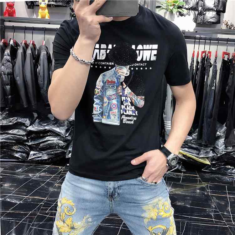 Tシャツ メンズ 半袖 シルクコットン トップス カットソー スリムフィット プリント柄 日常着 ブラック ホワイト 夏