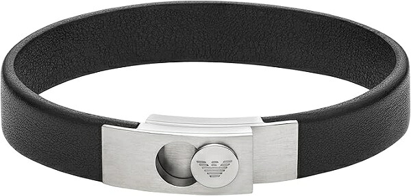 Emporio Armani メンズ&レディース ステンレススチール&ブラックレザーストラップブレスレット EGS3087040 並行輸入品