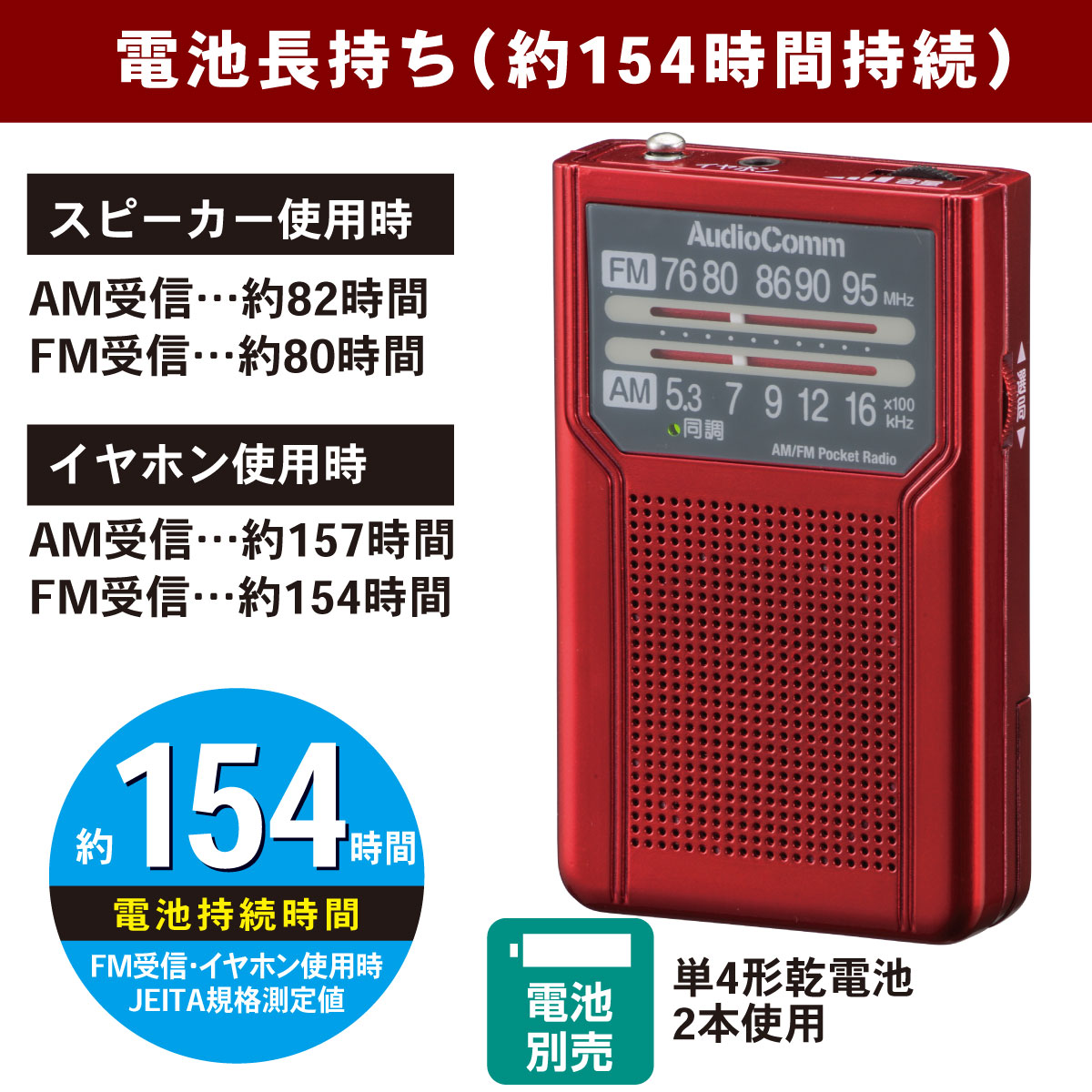 AudioComm AM FMポケットラジオ 電池長持ちタイプ レッド|RAD-P136N-R
