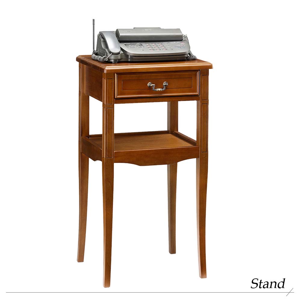 完成品 サポーレ スタンド 電話台 ファックス台 FAX台 飾り棚 スタンドサイドテーブル 木製 ウッド 木目 ブラウン 引出し付 引き出し付 アンティーク調 おしゃれ クラシック 脚付き 棚付き リビング ダイニング 玄関 寝室 ブラウン｜プリズム